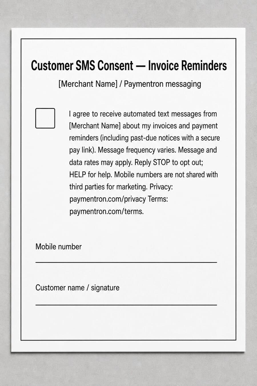 Sample Merchant written SMS consent form for end users